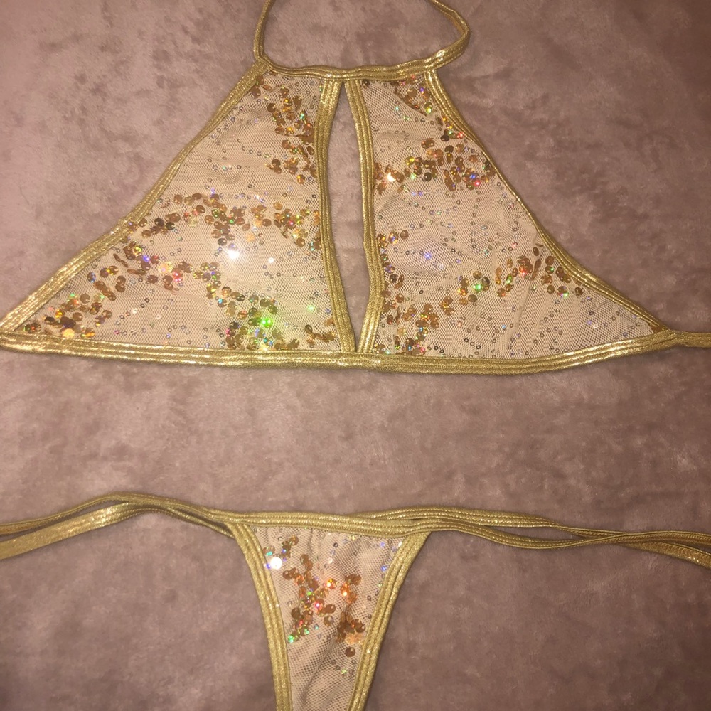 Gold Glitter Mesh Halter Bikini ⭐️